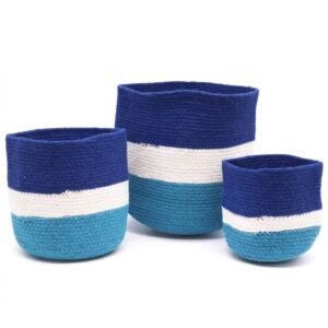 Set de 3 cestas de Algodón y Yute Azul y Blanco