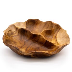 Frutero redondo liso de madera de teca de tres secciones