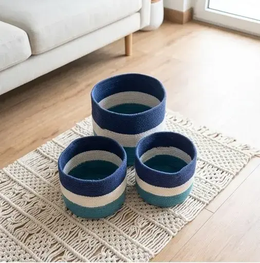Set de 3 Cestas de Yute y Algodón en Color Azul y Blanco - Imagen 3