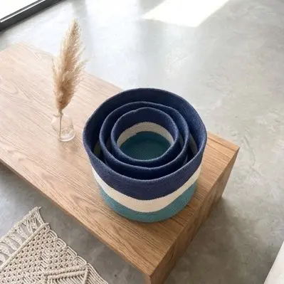 Set de 3 Cestas de Yute y Algodón en Color Azul y Blanco - Imagen 4