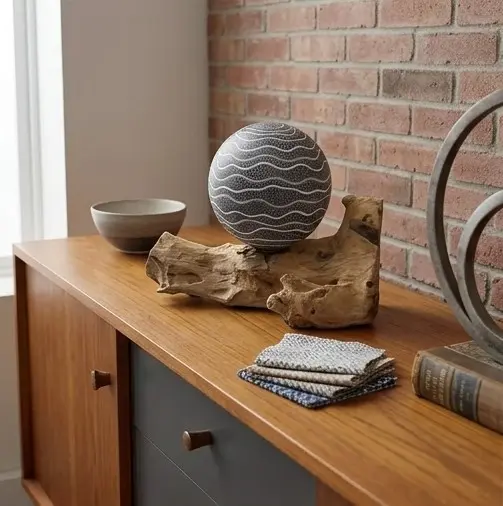 Lámpara de Mesa con Pantalla Esférica sobre Base de Madera Natural - Rayas - Imagen 4