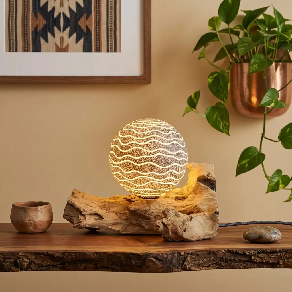 Lámpara de Mesa con Pantalla Esférica sobre Base de Madera Natural - Rayas - Imagen 5