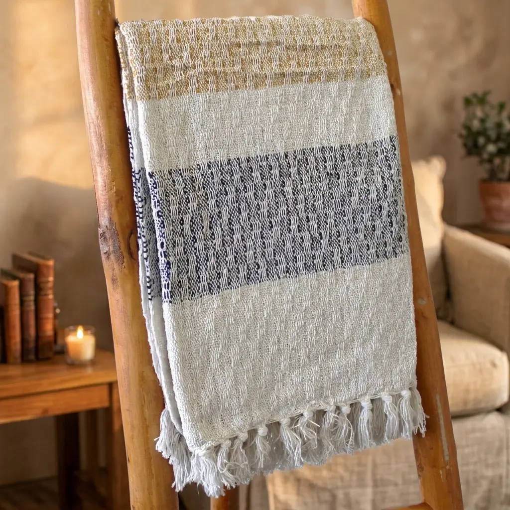 Manta estilo Boho de algodón tejida a mano con bandas blancas, crema y grises