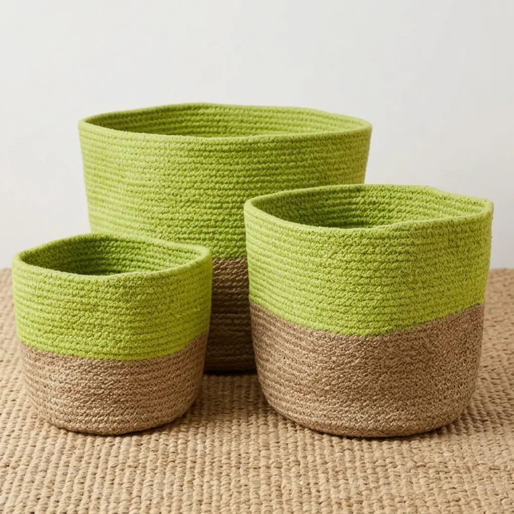 Set de 3 Cestas de Yute y Algodón en Color Pistacho y Natural - Imagen 3
